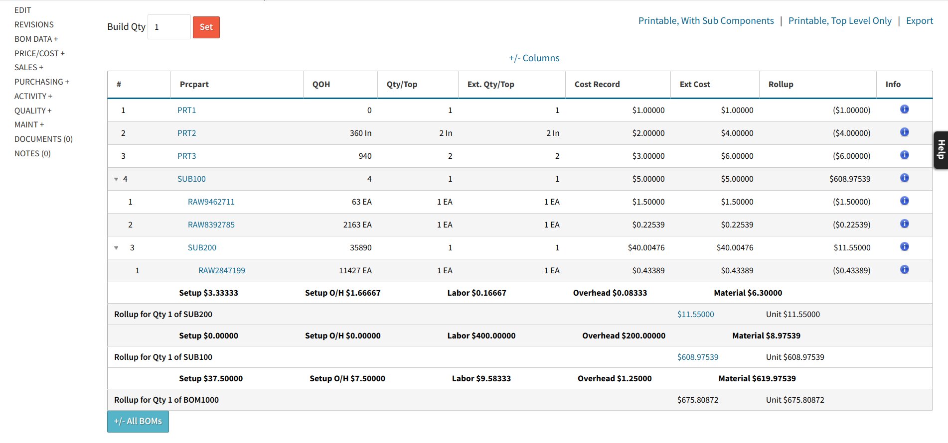 All BOMs shown within the top level assembly BOM overview.