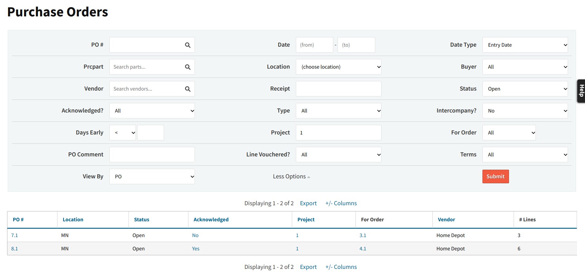 Search PO report by filtering by Project.