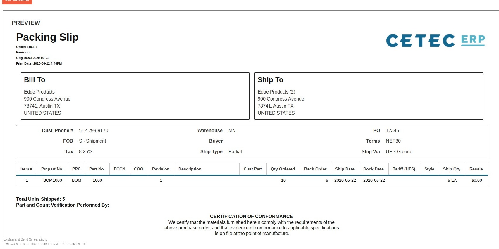 Packing Slip Preview Shows Total Qty & Qty Shipped