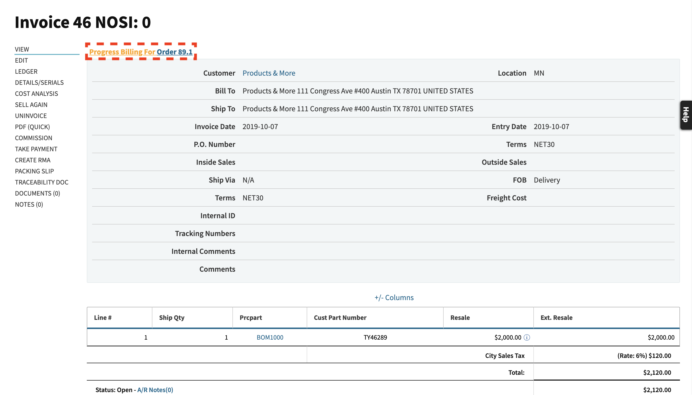 Progress Billing Invoice