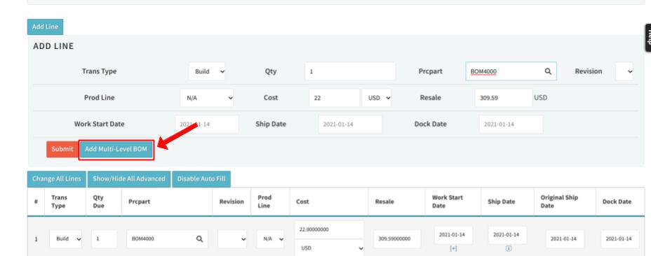 Add Multi-level BOM appears upon adding BOM to order.